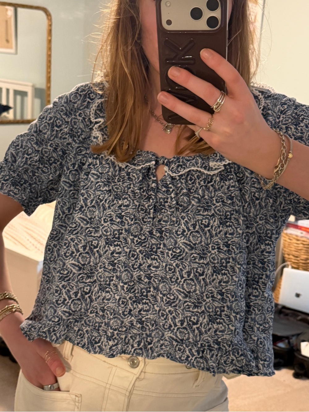 NWT Universal Thread Blue Floral Ruffle-Trim Crop Top